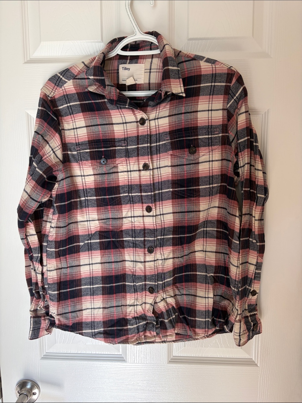 Tilley Women's Plaid Button-Down Shirt — Navy & Pink